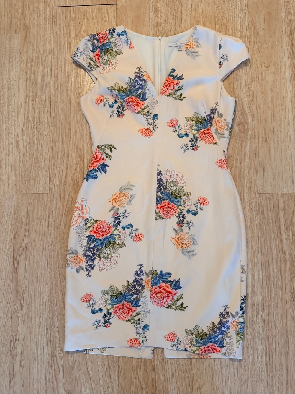 Black Halo White Floral Cap-Sleeve Midi Dress with Coral & Blue Blooms